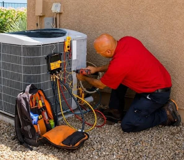 Technician using diagnostic tools beside a residential air conditioner