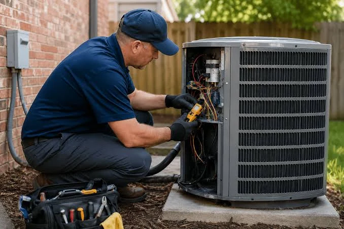 Technician in a navy shirt diagnosing an outdoor air conditioner